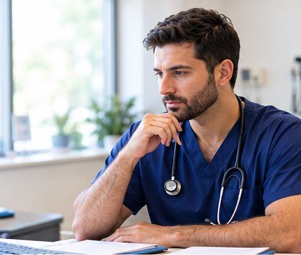 Physician or practice manager reviewing billing information