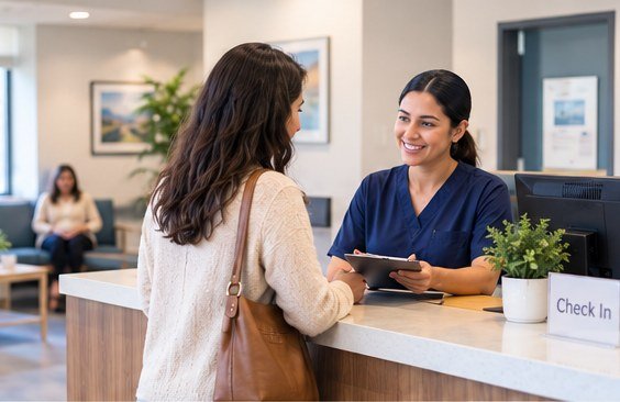 Front-desk staff supporting a patient check-in