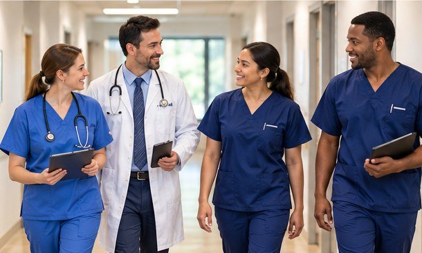 Healthcare practice team working together