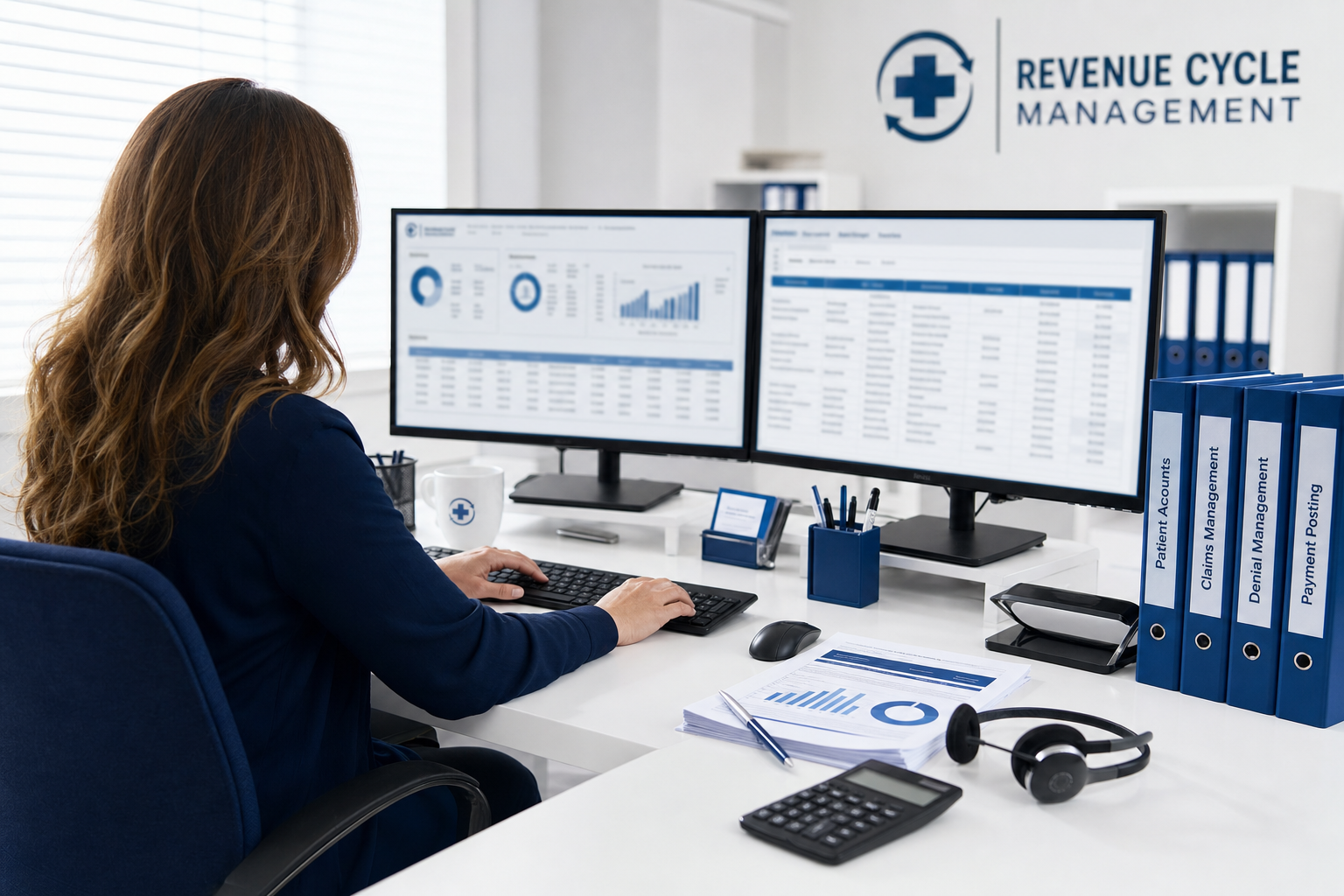 Medical billing specialist reviewing claims and revenue cycle dashboards at a modern healthcare office desk