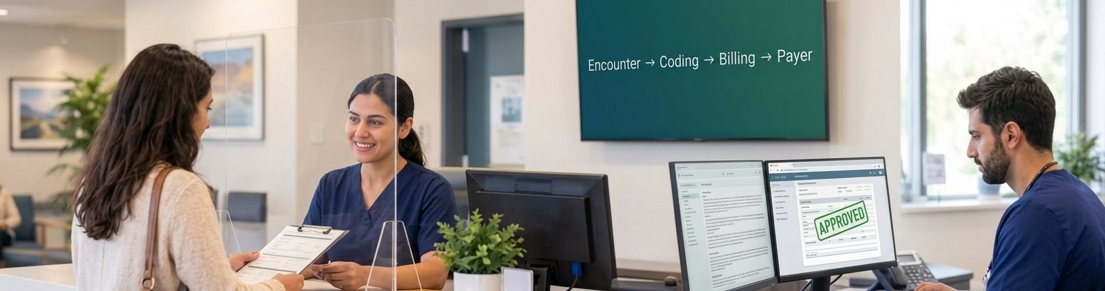 Drop a photo — coding team comparing charts with a practice administrator