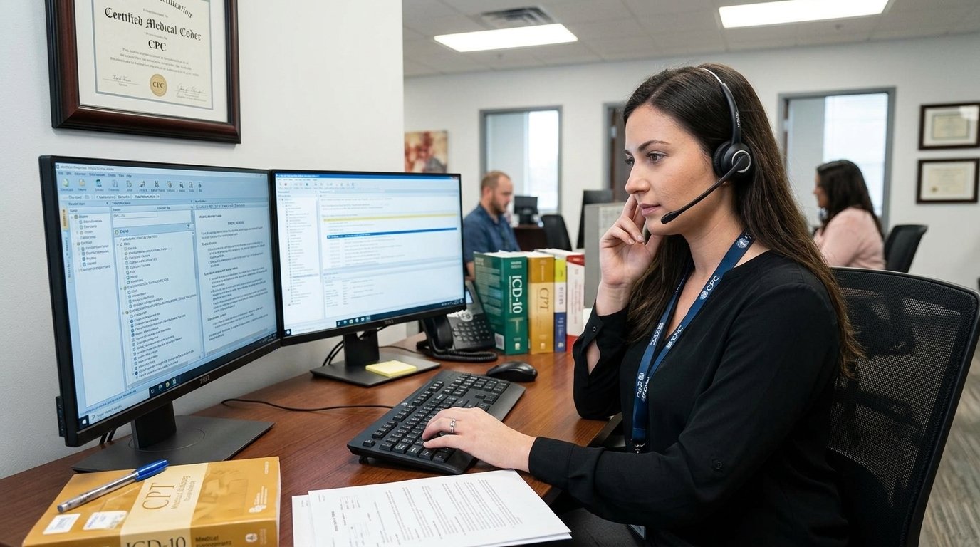 Drop a photo — a certified coder on a call with a practice