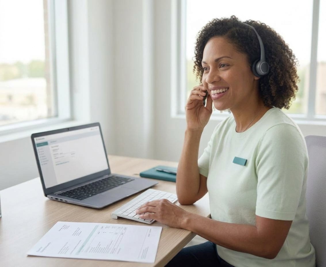 Patient billing specialist reviewing statement and payment information