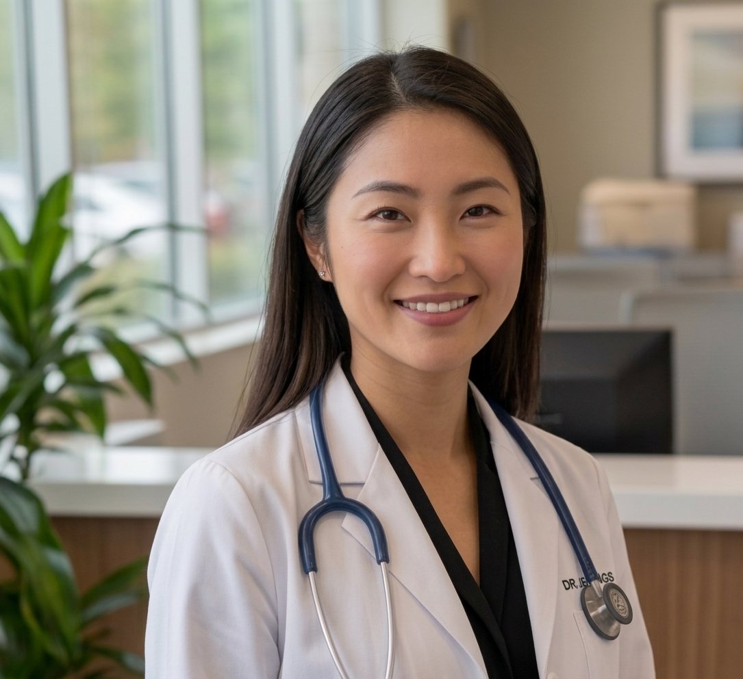 Physician holding a tablet at a clinic front desk